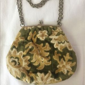 Yellow green fabric purse with kiss lock clasp.